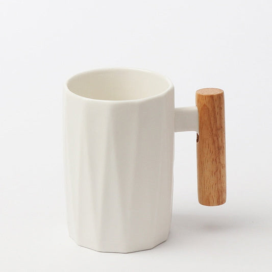 Delovira® Wooden handle ceramic coffee mug,literary teacup Office Coffee Milk Cup Nordic Small Fresh Hand Ceramic Cup Drinkware gift 400ml