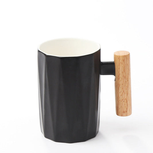 Delovira® Wooden handle ceramic coffee mug,literary teacup Office Coffee Milk Cup Nordic Small Fresh Hand Ceramic Cup Drinkware gift 400ml