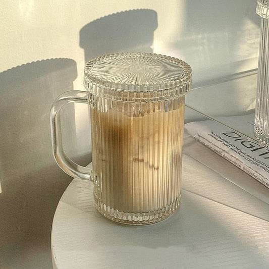 Delovira® Simple Stripe Glass Cup With Lid and Straw Transparent Bubble Tea Cup Juice Glass Beer Can Milk Mocha Cups Breakfast Mug